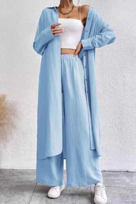 Arolora Solid Long Shirt Wide Leg Pants Set