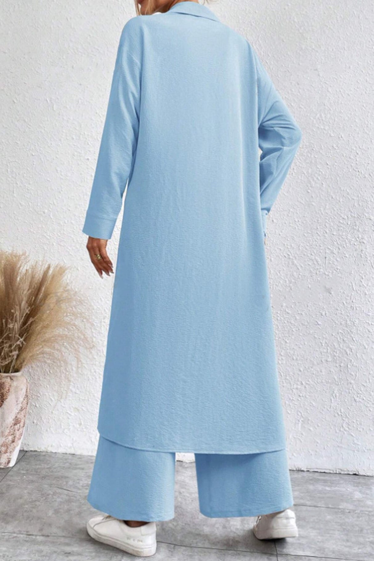 Arolora Solid Long Shirt Wide Leg Pants Set