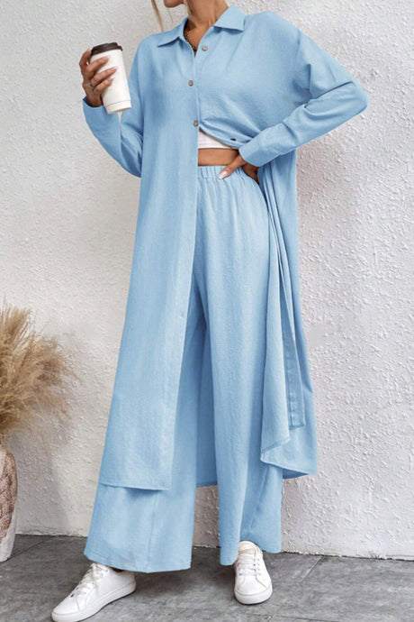 Arolora Solid Long Shirt Wide Leg Pants Set