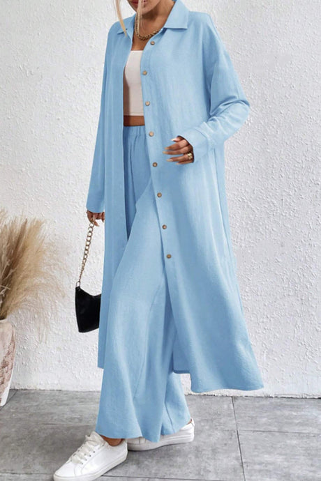Arolora Solid Long Shirt Wide Leg Pants Set
