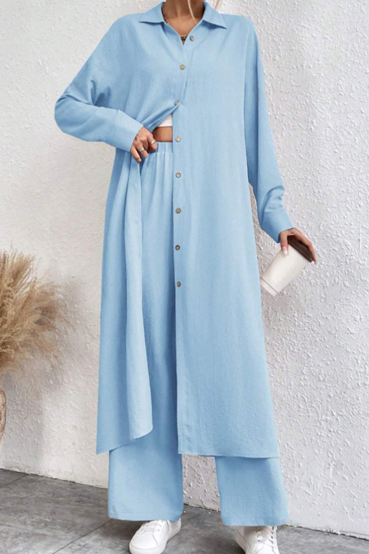 Arolora Solid Long Shirt Wide Leg Pants Set