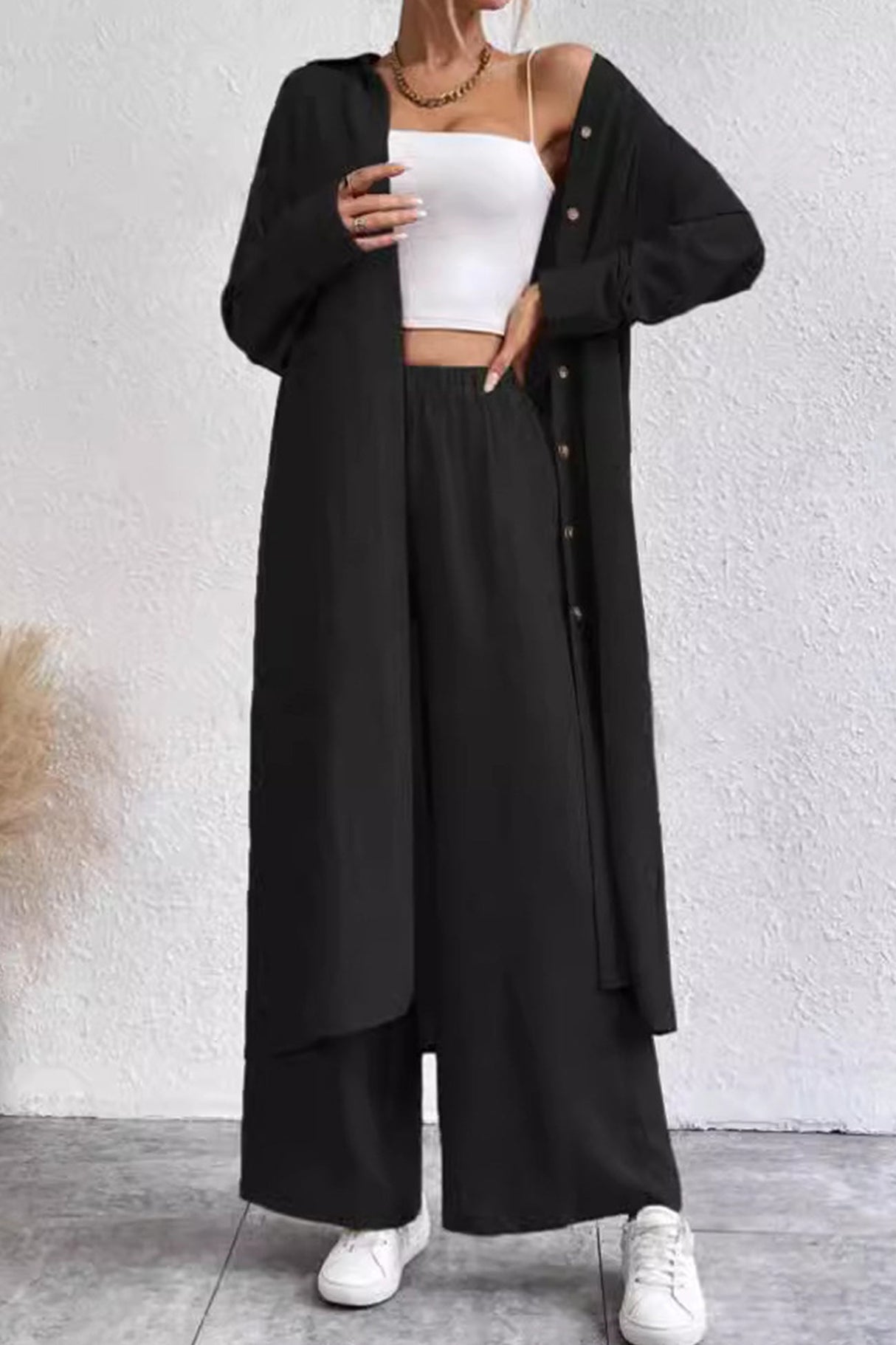 Arolora Solid Long Shirt Wide Leg Pants Set