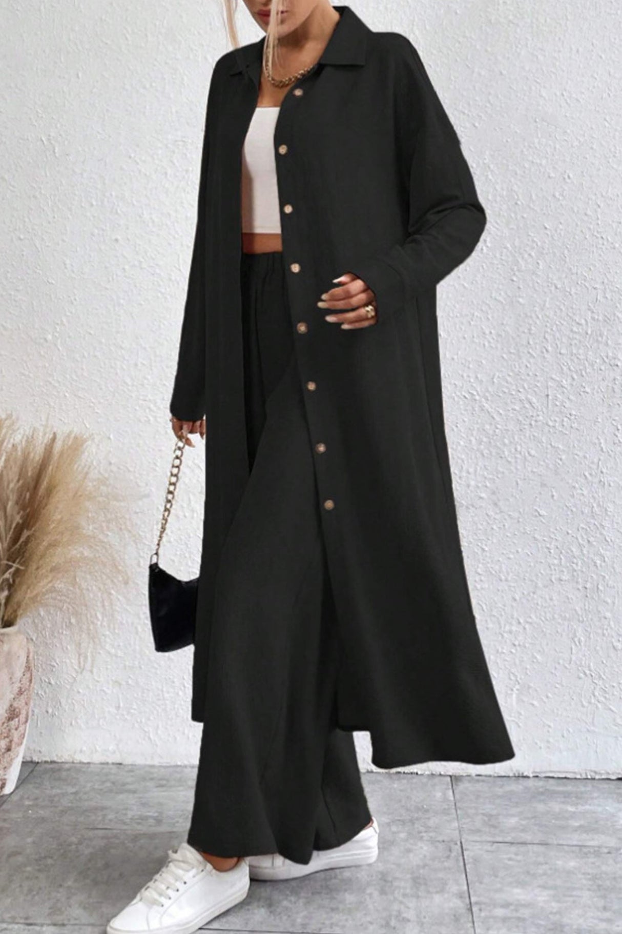 Arolora Solid Long Shirt Wide Leg Pants Set