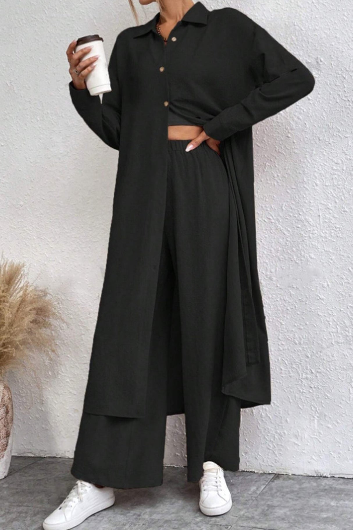 Arolora Solid Long Shirt Wide Leg Pants Set