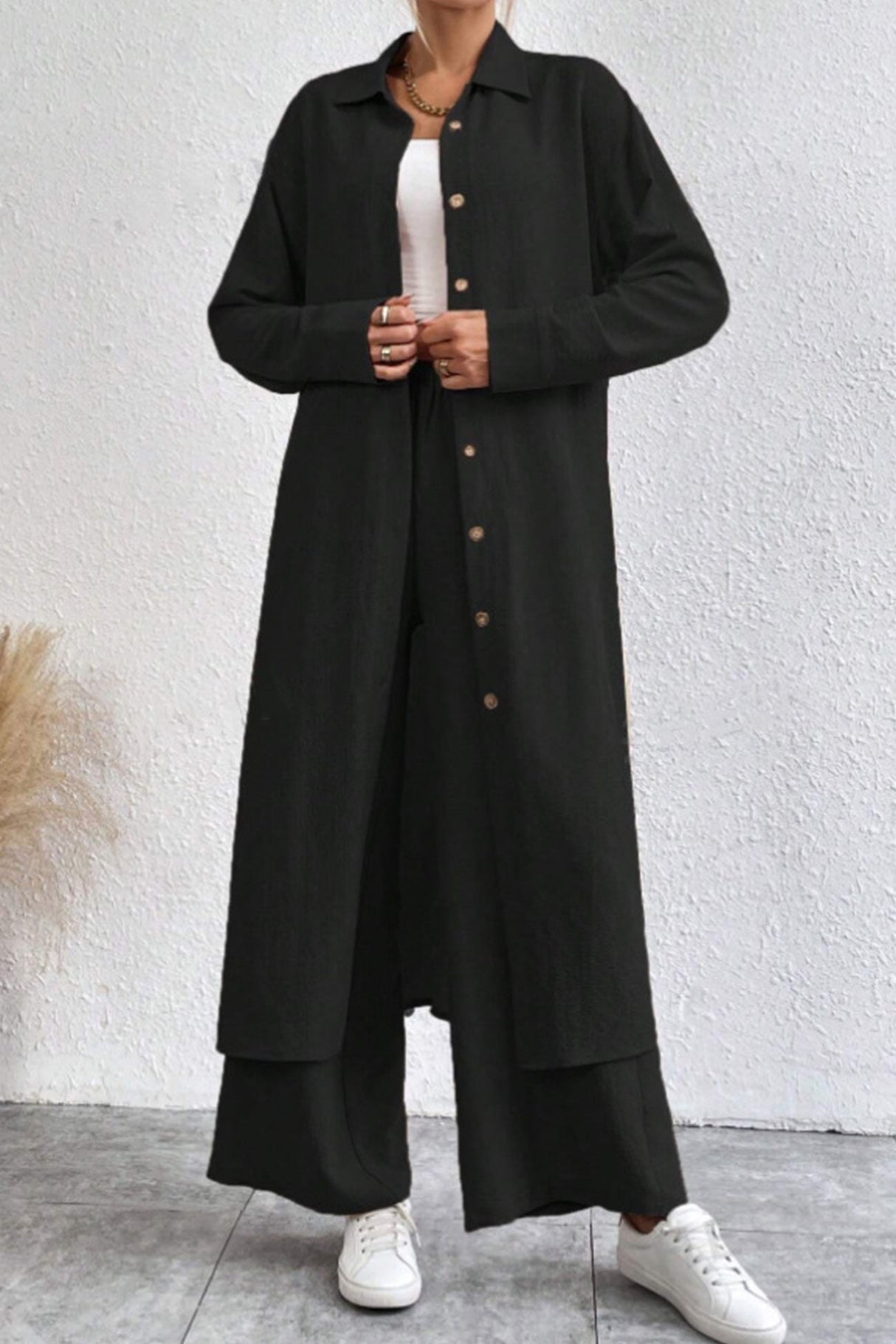 Arolora Solid Long Shirt Wide Leg Pants Set