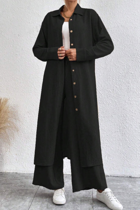 Arolora Solid Long Shirt Wide Leg Pants Set