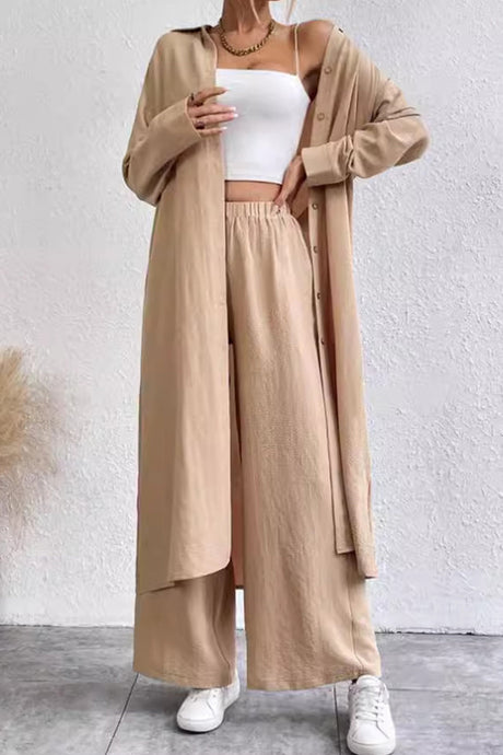 Arolora Solid Long Shirt Wide Leg Pants Set