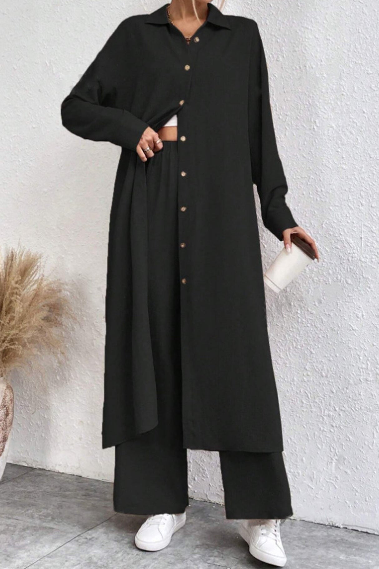 Arolora Solid Long Shirt Wide Leg Pants Set