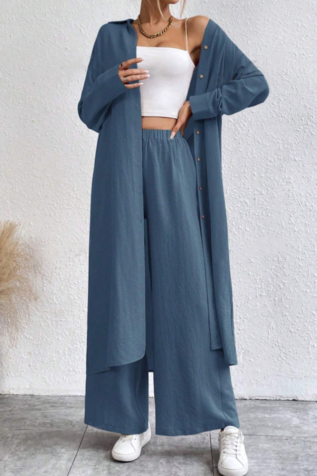 Arolora Solid Long Shirt Wide Leg Pants Set