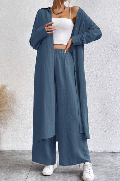 Arolora Solid Long Shirt Wide Leg Pants Set