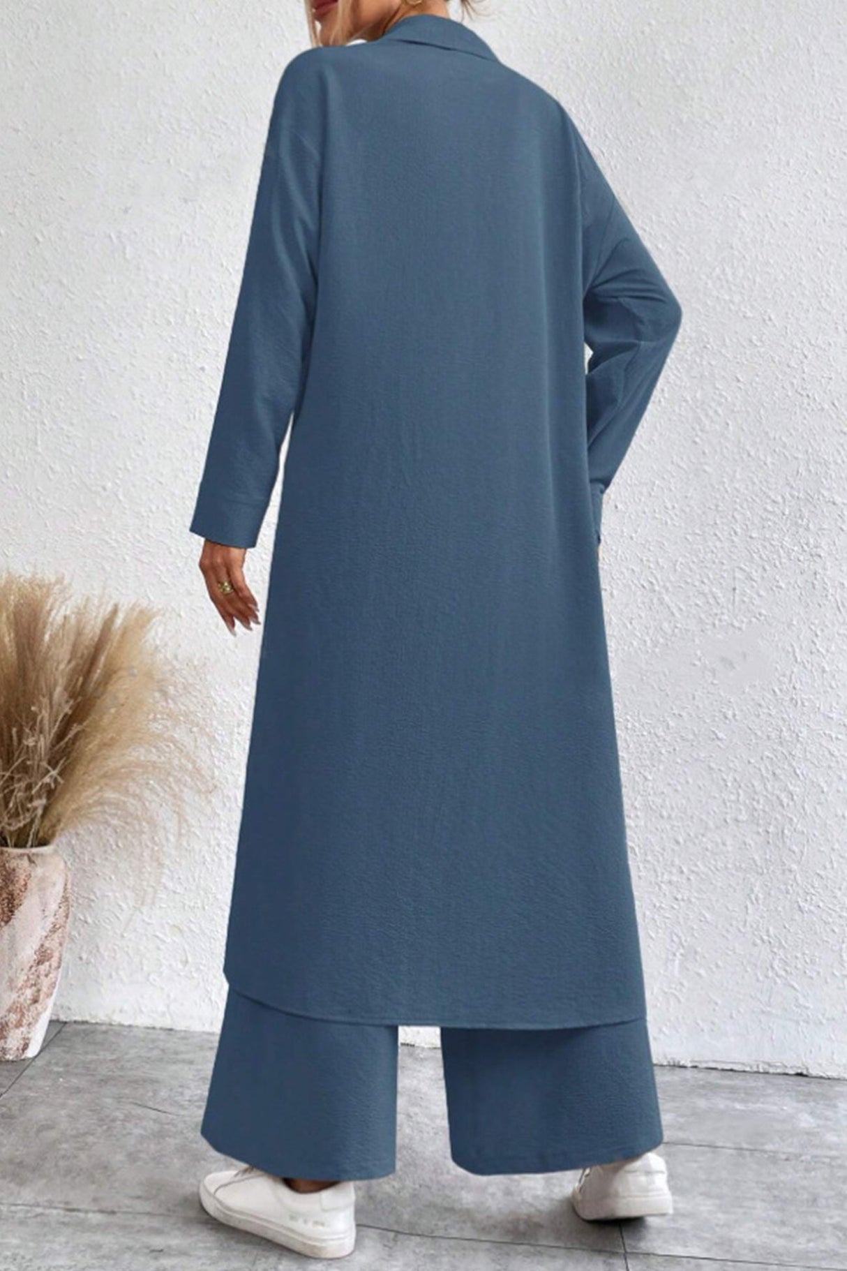 Arolora Solid Long Shirt Wide Leg Pants Set