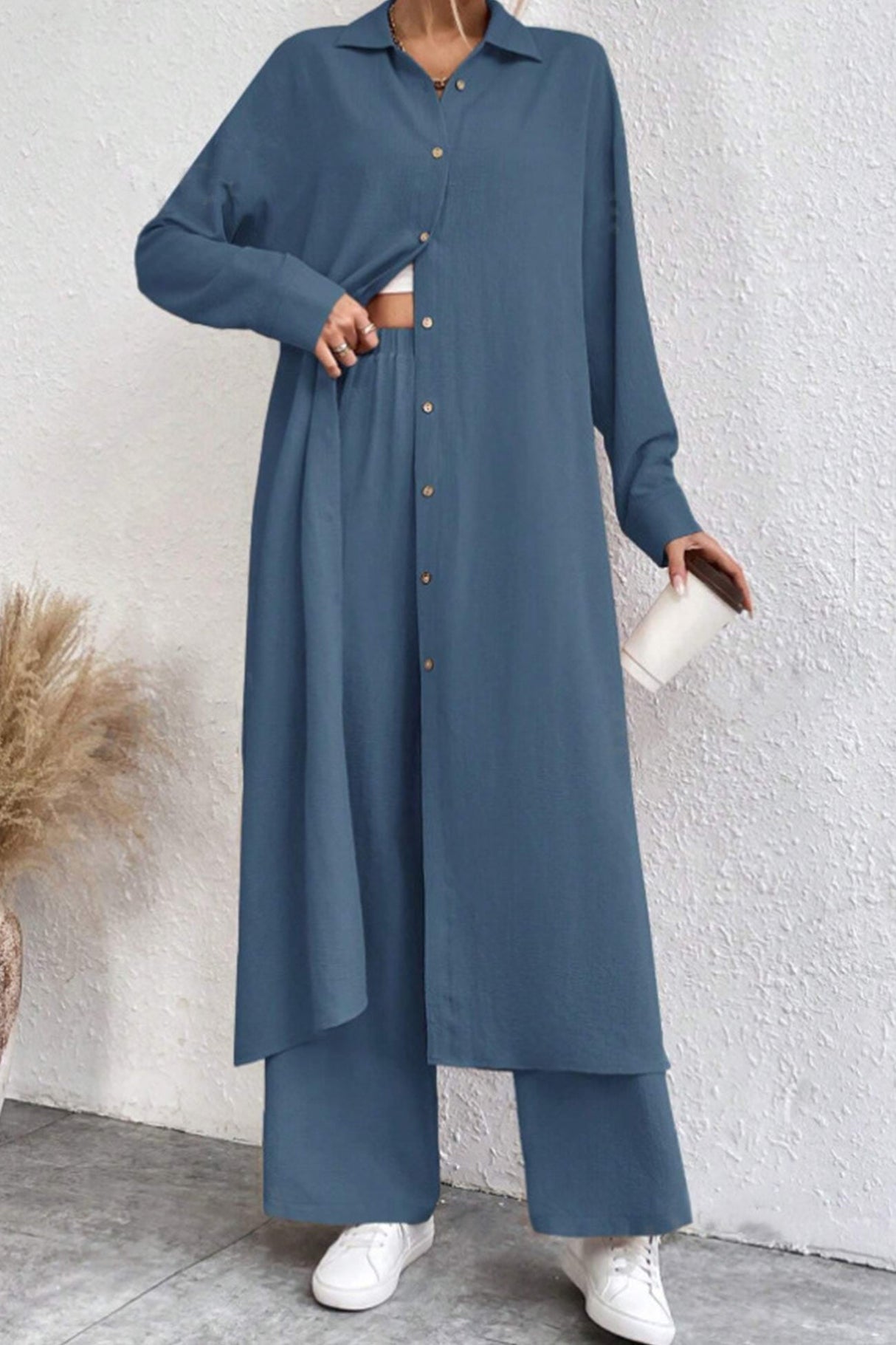 Arolora Solid Long Shirt Wide Leg Pants Set