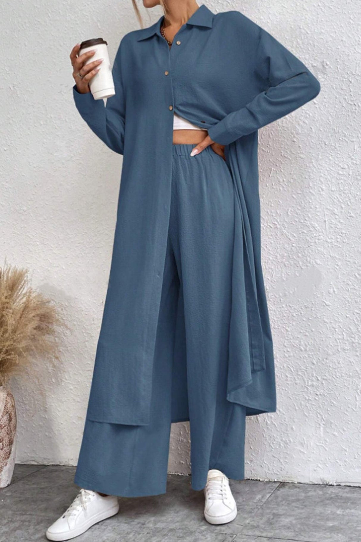 Arolora Solid Long Shirt Wide Leg Pants Set