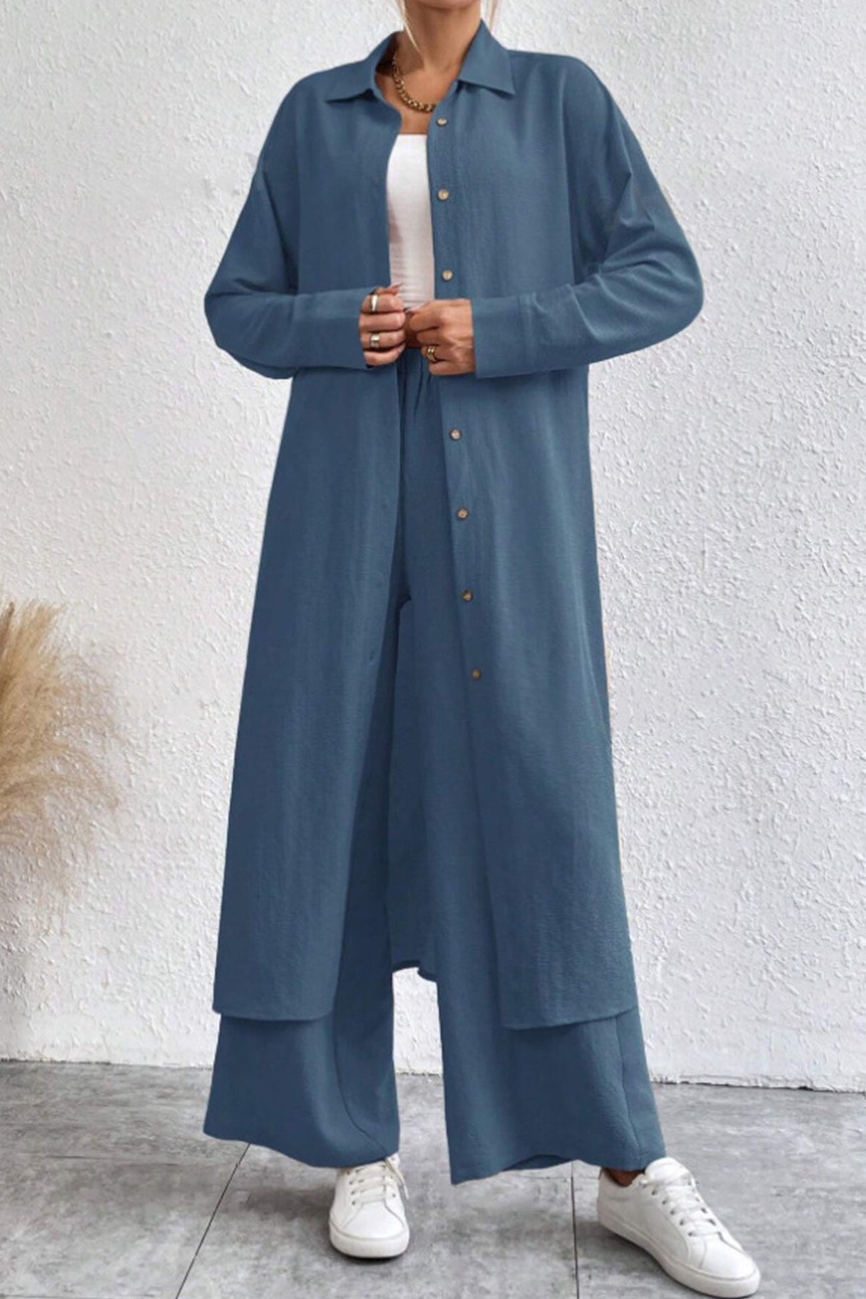 Arolora Solid Long Shirt Wide Leg Pants Set