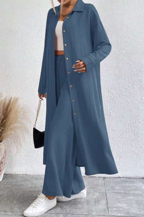 Arolora Solid Long Shirt Wide Leg Pants Set