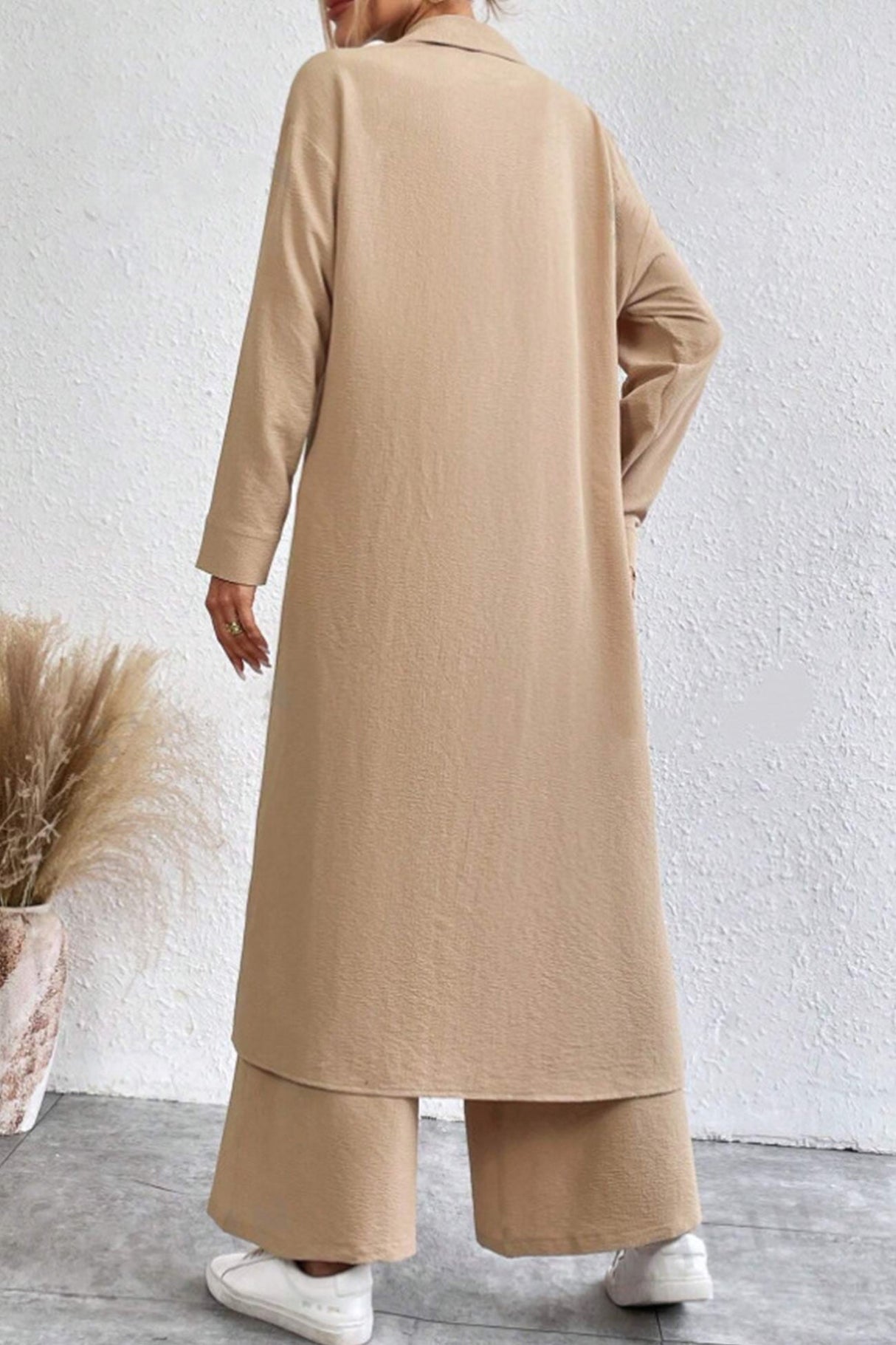 Arolora Solid Long Shirt Wide Leg Pants Set