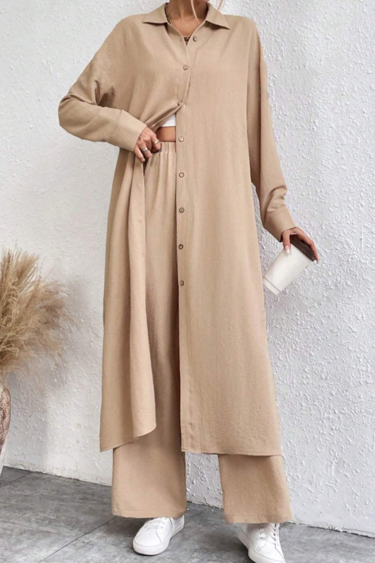 Arolora Solid Long Shirt Wide Leg Pants Set