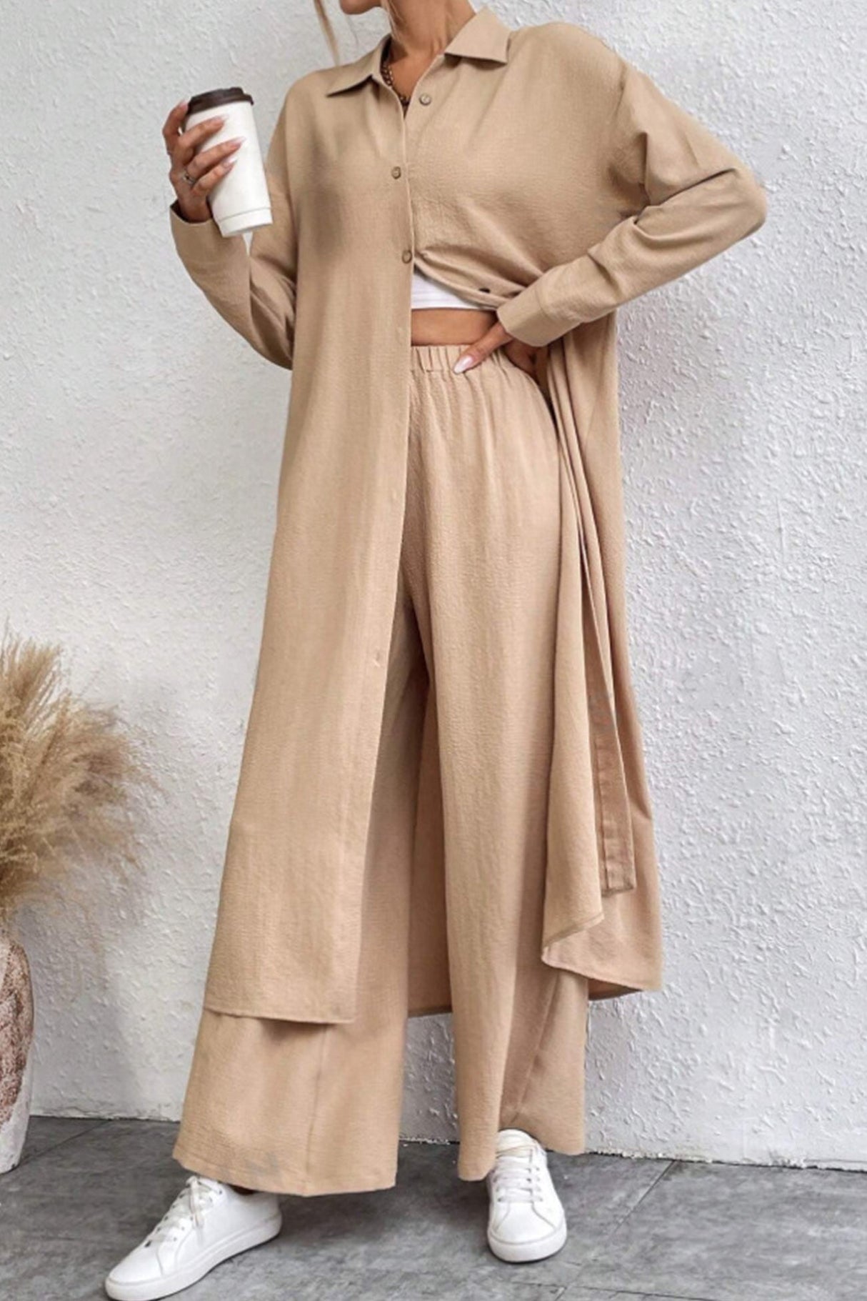 Arolora Solid Long Shirt Wide Leg Pants Set
