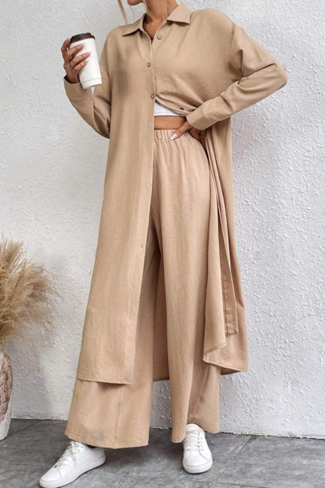 Arolora Solid Long Shirt Wide Leg Pants Set