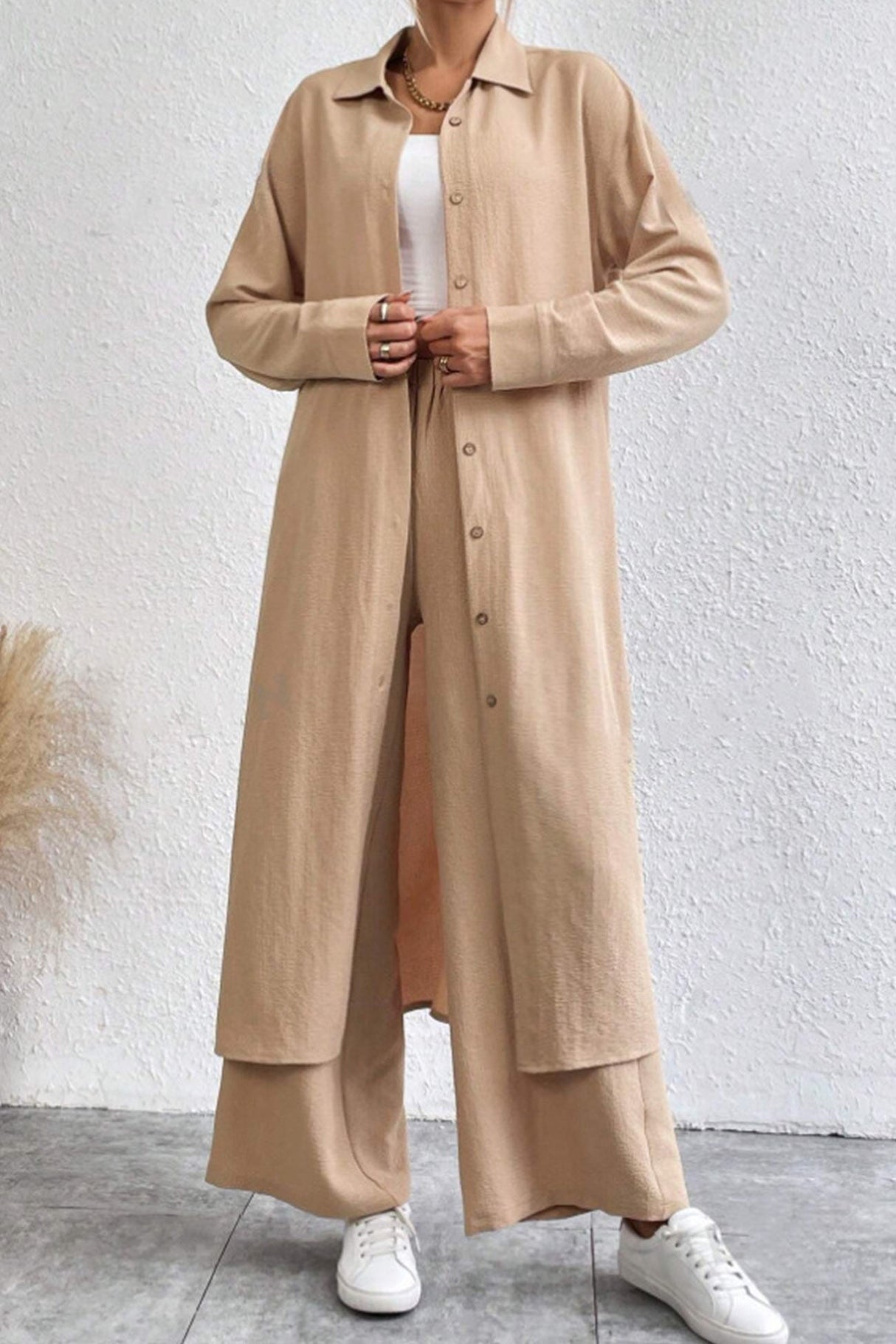 Arolora Solid Long Shirt Wide Leg Pants Set