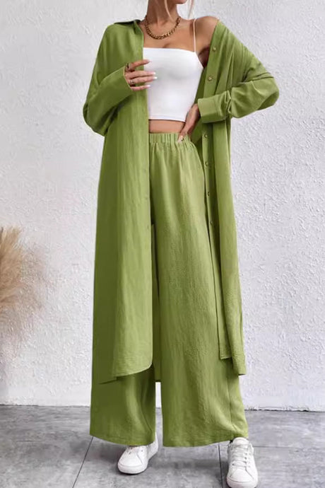 Arolora Solid Long Shirt Wide Leg Pants Set