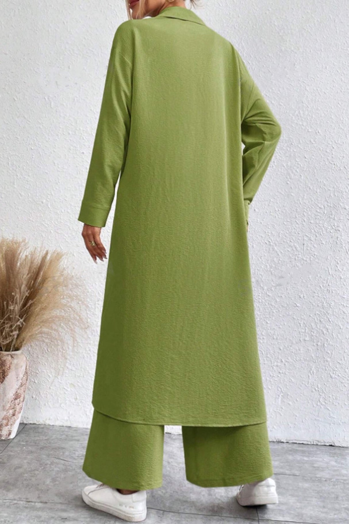 Arolora Solid Long Shirt Wide Leg Pants Set