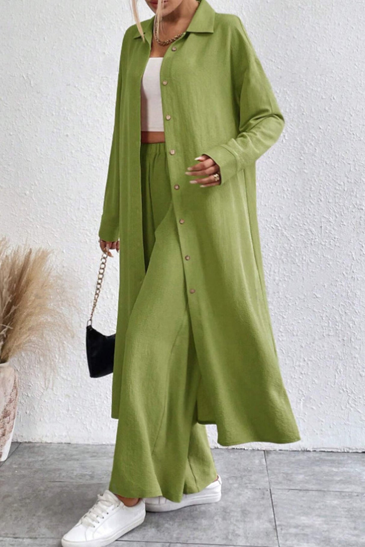 Arolora Solid Long Shirt Wide Leg Pants Set