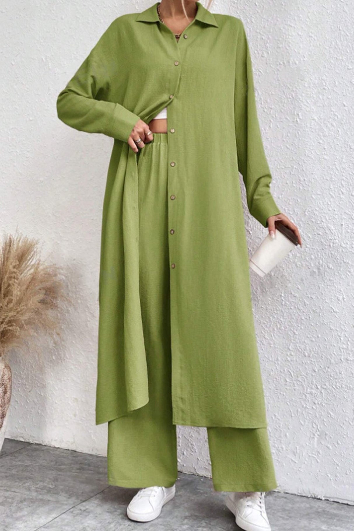 Arolora Solid Long Shirt Wide Leg Pants Set