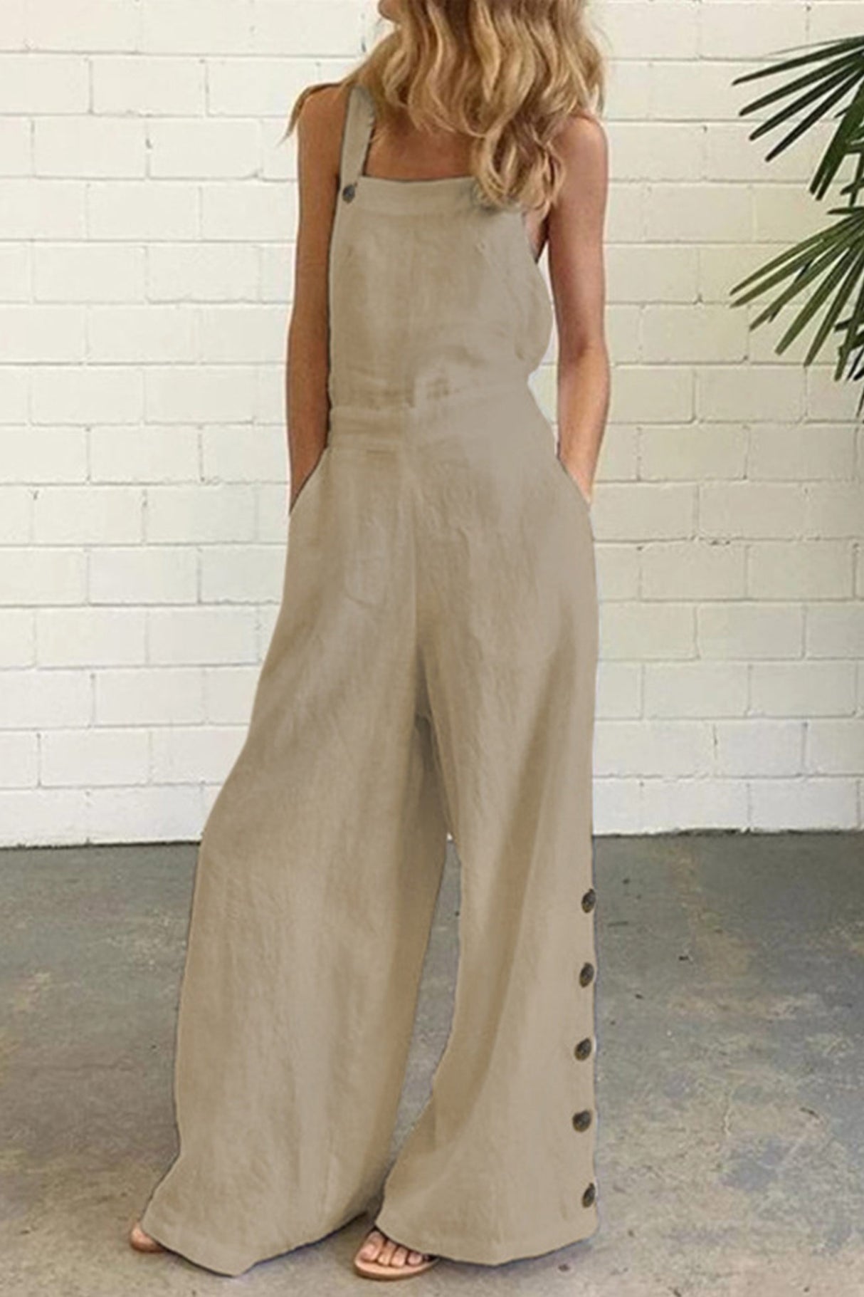 Solid Pocketed Single-breasted Slit Overalls