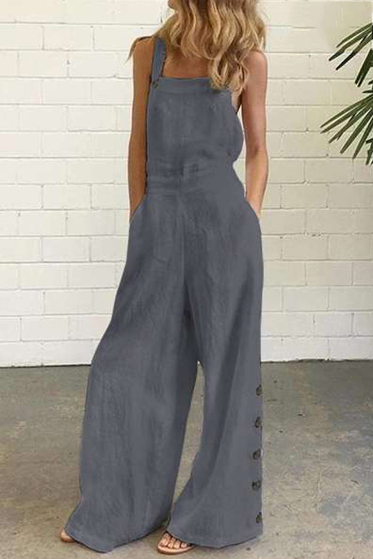 Solid Pocketed Single-breasted Slit Overalls