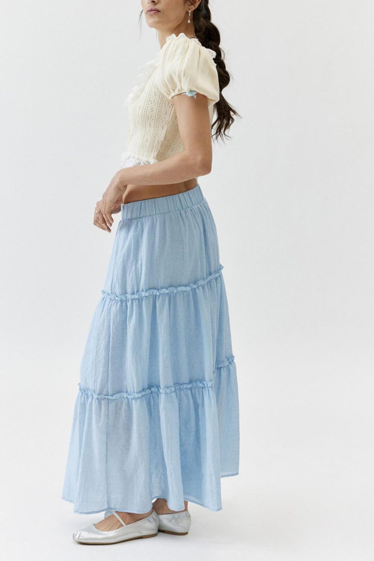 Solid Ruched Tiered Midi Skirt