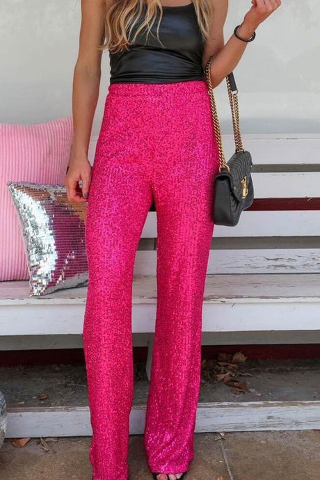 Arolora Solid Sequins Straight Long Pants