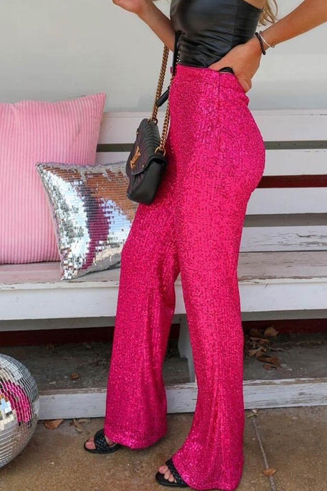Arolora Solid Sequins Straight Long Pants