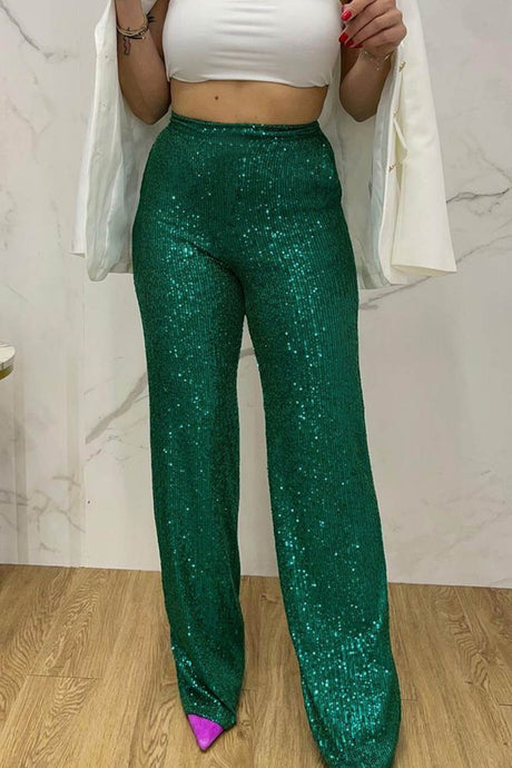 Arolora Solid Sequins Straight Long Pants