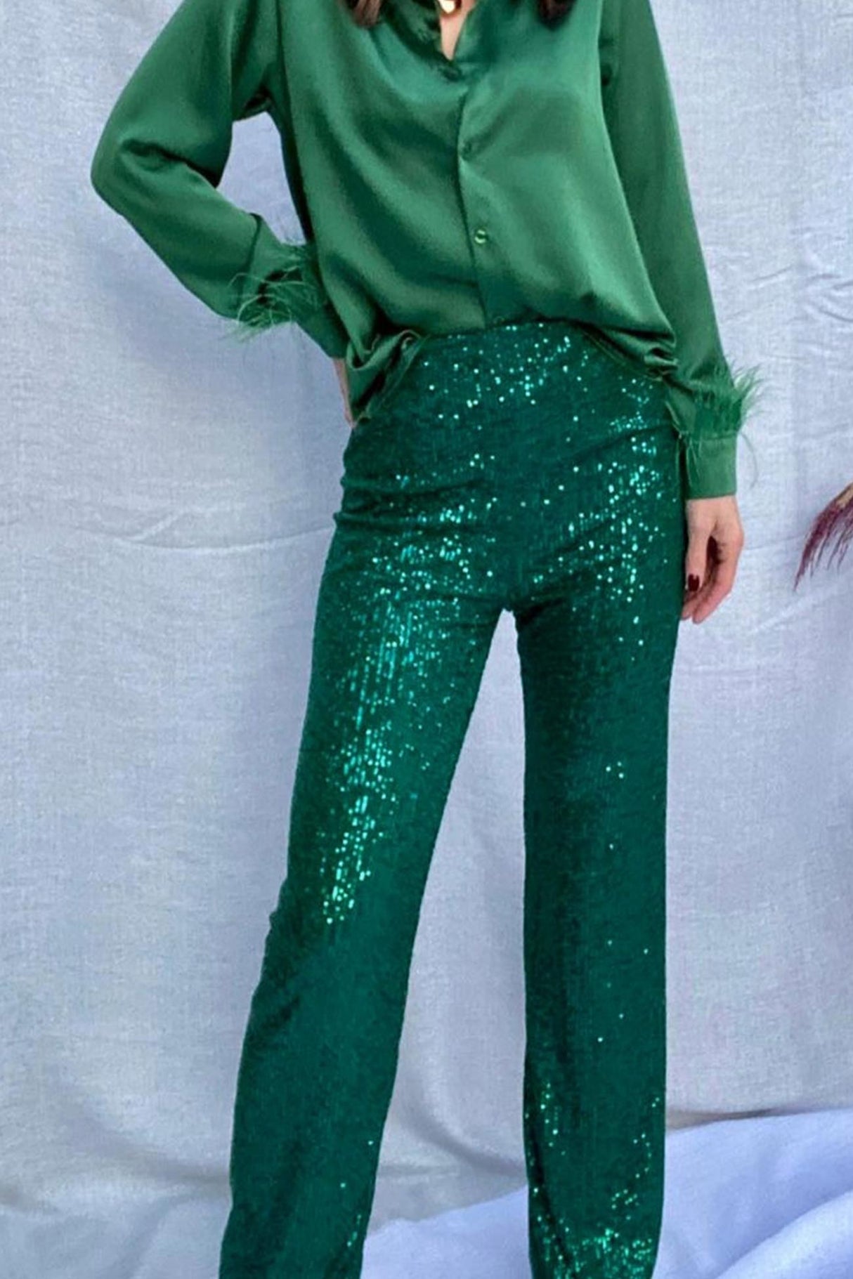 Arolora Solid Sequins Straight Long Pants