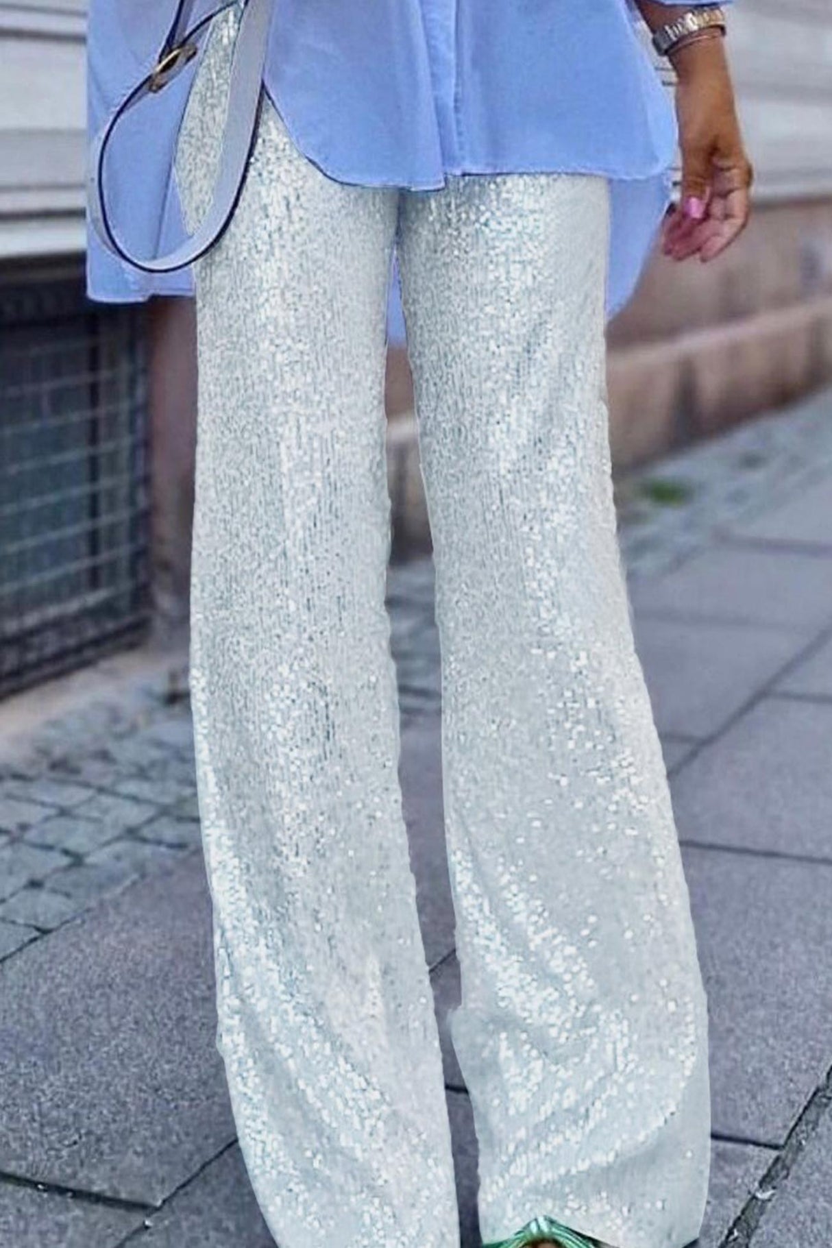 Arolora Solid Sequins Straight Long Pants