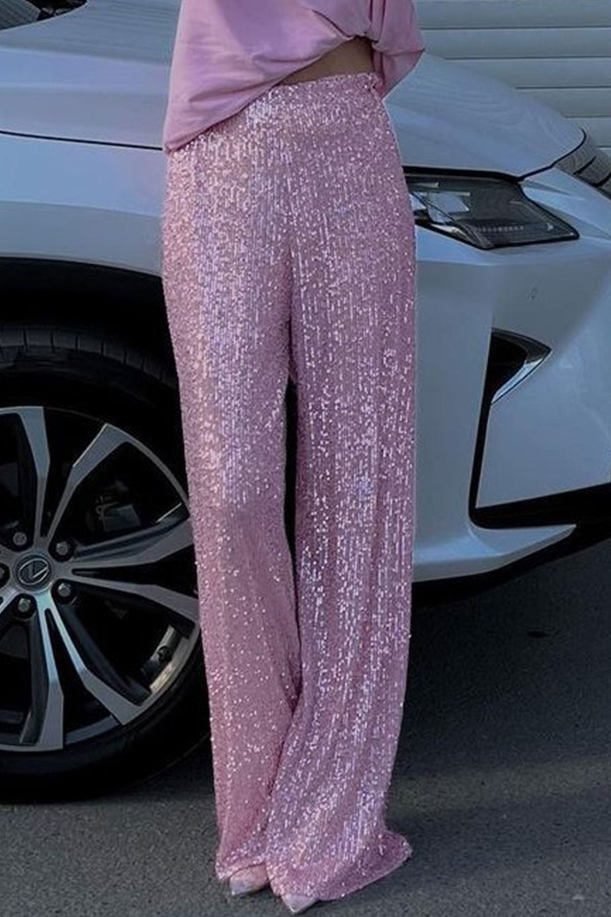 Arolora Solid Sequins Straight Long Pants
