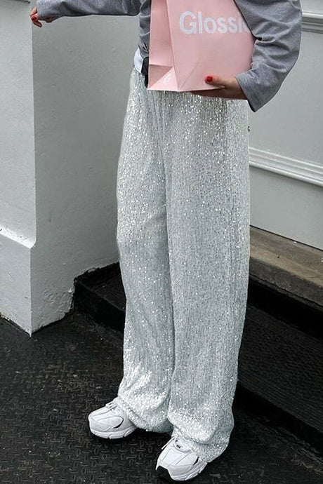 Arolora Solid Sequins Straight Long Pants
