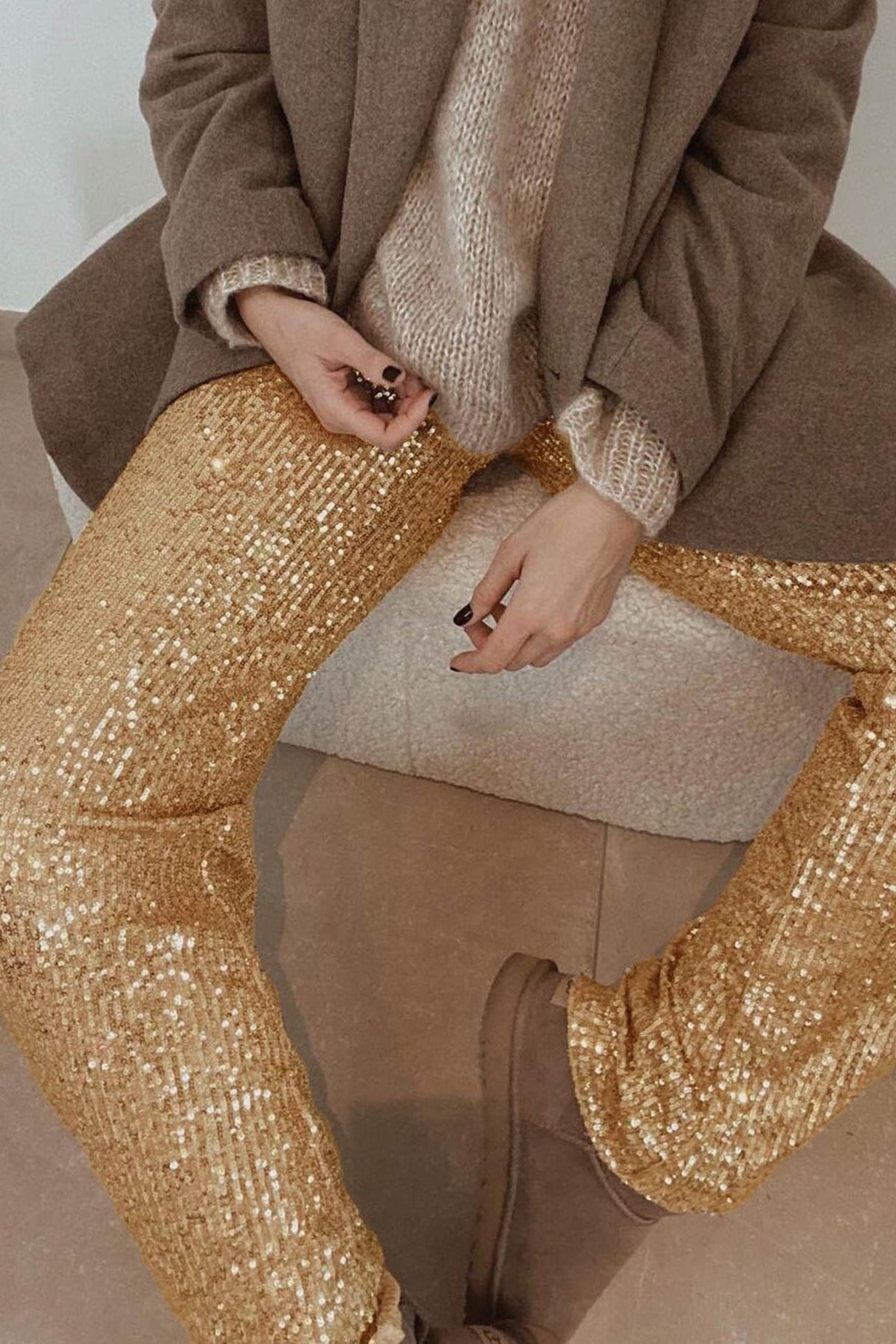 Arolora Solid Sequins Straight Long Pants