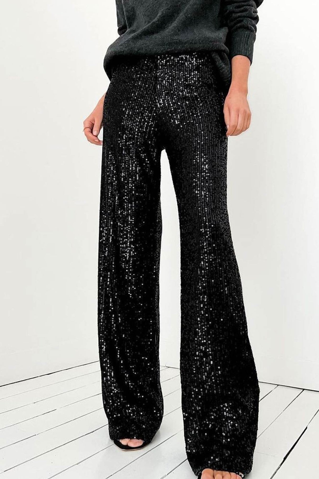 Arolora Solid Sequins Straight Long Pants