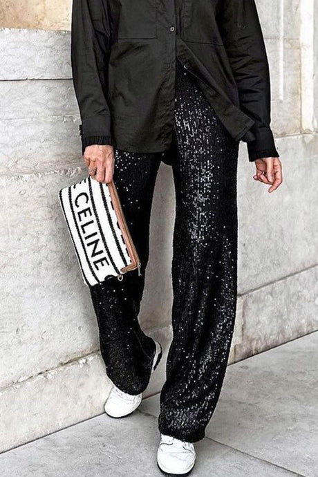 Arolora Solid Sequins Straight Long Pants