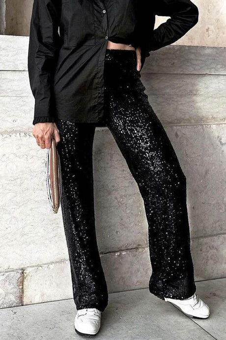 Arolora Solid Sequins Straight Long Pants
