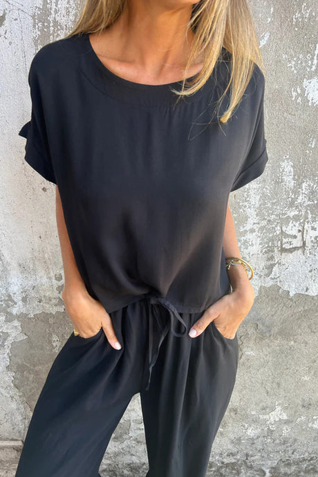 Arolora Solid Short Sleeve Flare Pants Set