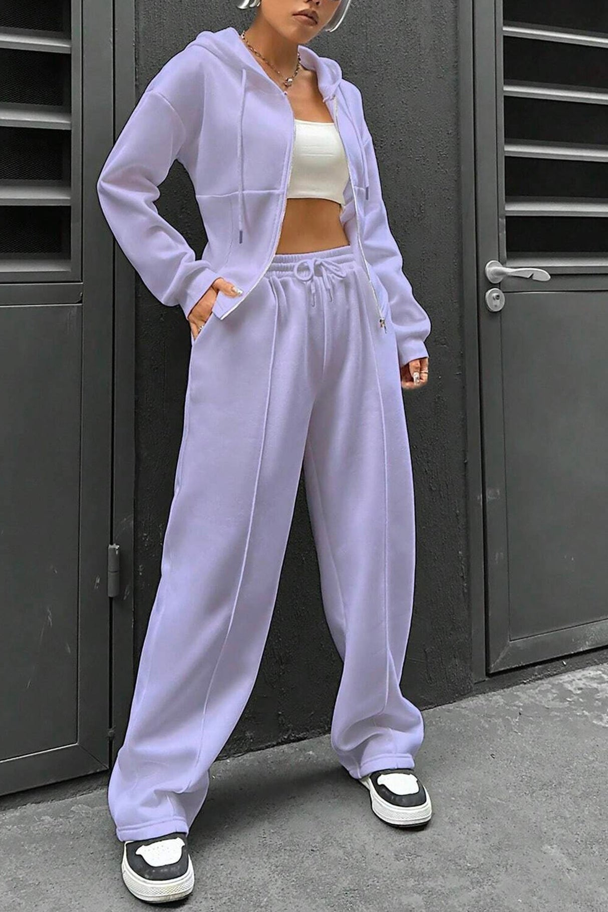 Arolora solid-slim-fit-hoodie-pants-suits