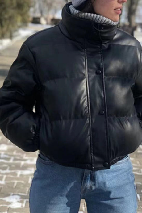 Solid Stand Collar PU Cotton Jacket