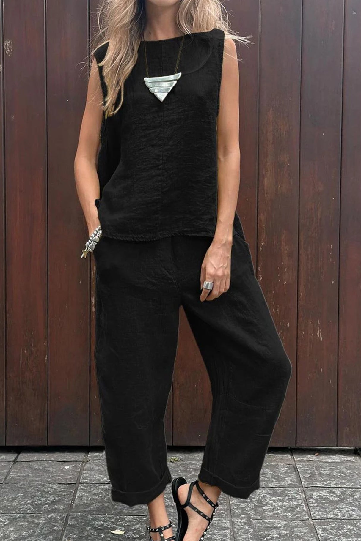 Solid Tank Top Long Pants Set