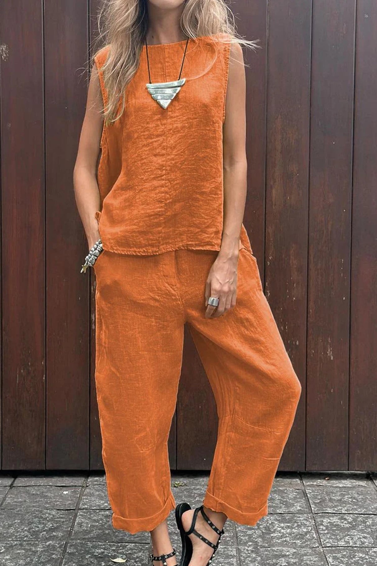 Solid Tank Top Long Pants Set