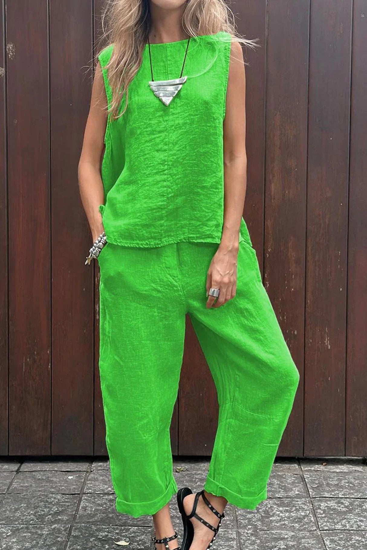 Solid Tank Top Long Pants Set