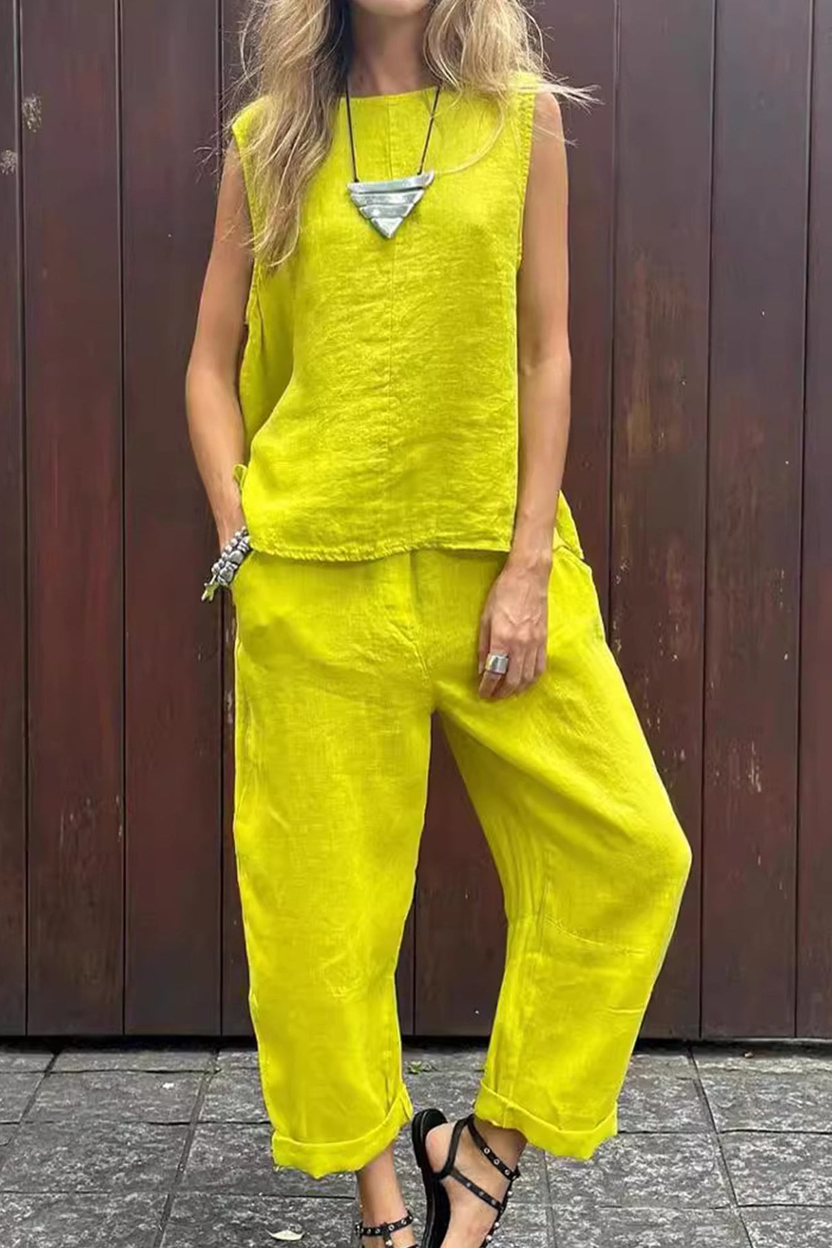 Solid Tank Top Long Pants Set