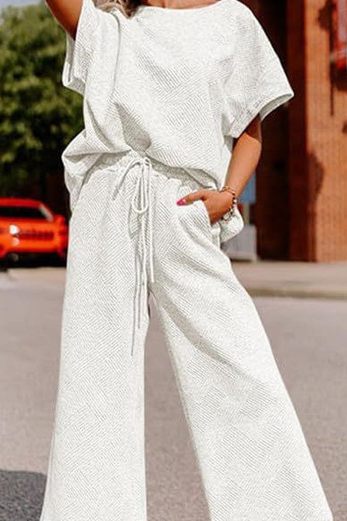 Solid Textured T-shirt Long Pants Set